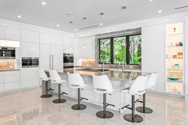 Interior, Kitchen, Marble, Pendant Lights, Recessed Lighting, Stainless Steel Appliances