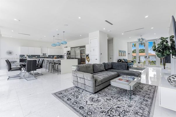 Dining room, Interior, Kitchen, Living room, Marble, Pendant Lights, Recessed Lighting, Stainless Steel Appliances