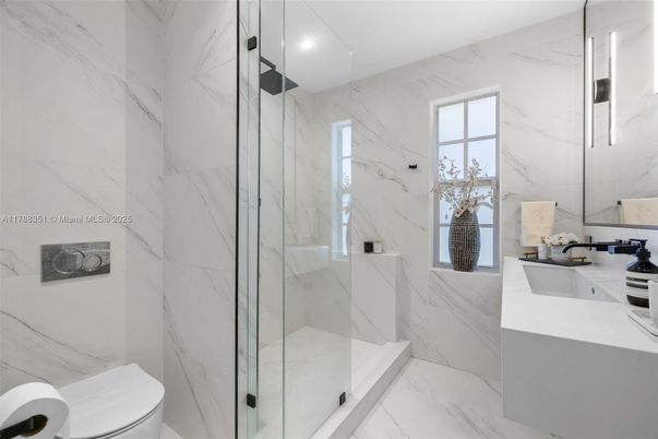 Bathroom, Glass Shower, Interior, Marble, Marble Walls, Recessed Lighting