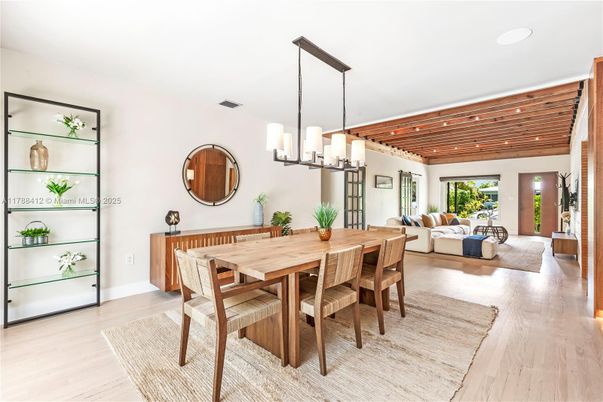 Chandelier, Dining room, Interior, Living room, Pendant Lights, Recessed Lighting, Wooden Ceilings, Wood Texture Flooring
