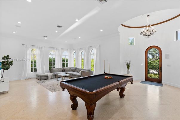 Billiard Table, Chandelier, Game Room, Interior, Living room, Recessed Lighting