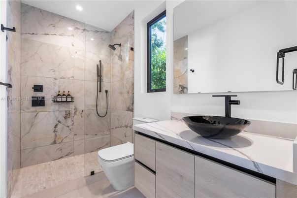 Bathroom, Glass Shower, Interior, Marble Walls, Recessed Lighting