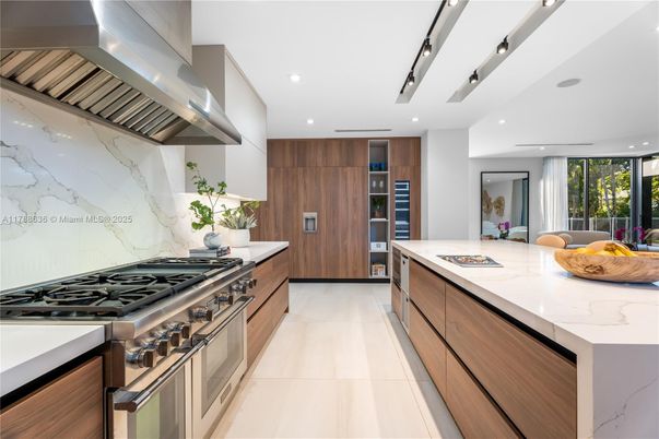 Interior, Kitchen, Marble Walls, Recessed Lighting, Stainless Steel Appliances