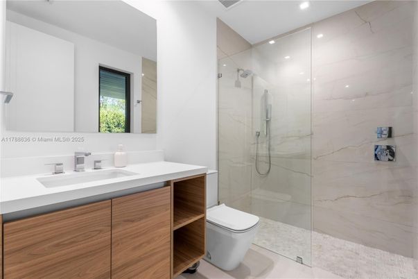 Bathroom, Glass Shower, Interior, Marble Walls, Recessed Lighting