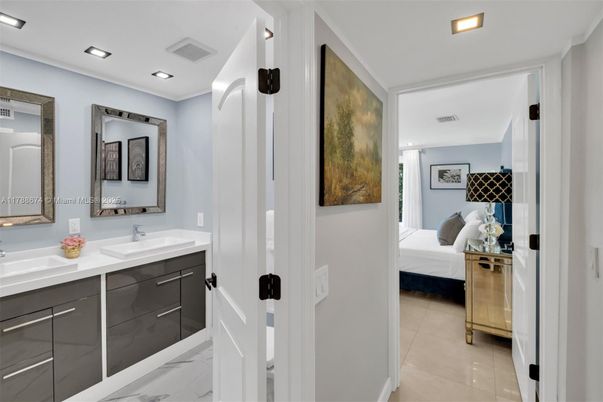 Bathroom, Bedroom, Dual Sink Vanities, Interior, Marble, Recessed Lighting