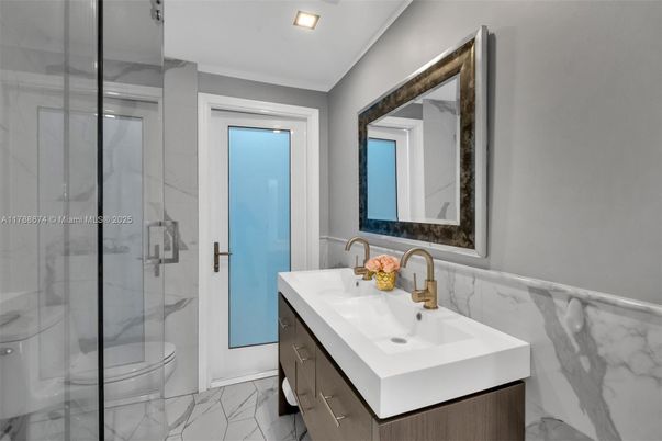 Bathroom, Glass Shower, Interior, Marble, Marble Walls, Recessed Lighting