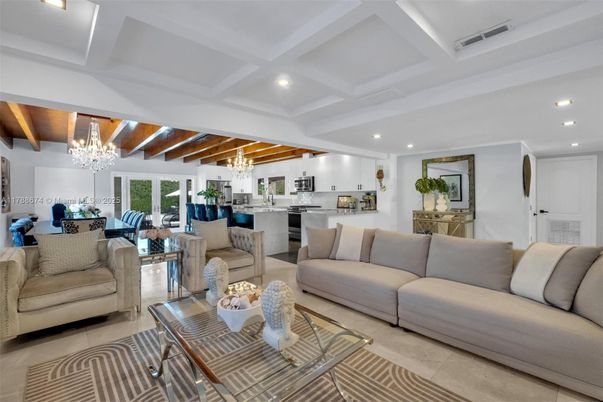 Chandelier, Dining room, Interior, Kitchen, Living room, Recessed Lighting, Stainless Steel Appliances, Wooden Beams, Wooden Ceilings