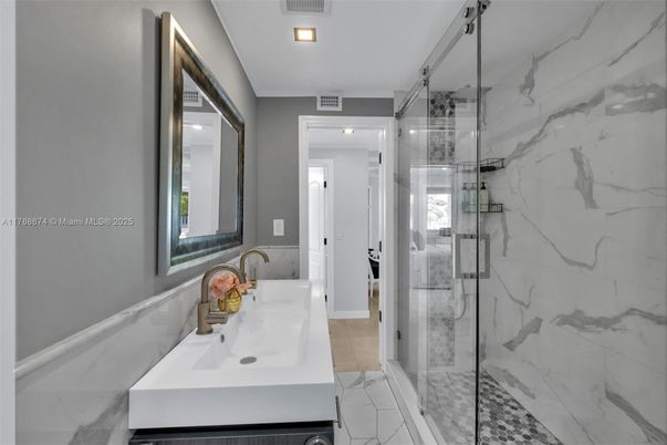 Bathroom, Glass Shower, Interior, Marble Walls, Recessed Lighting