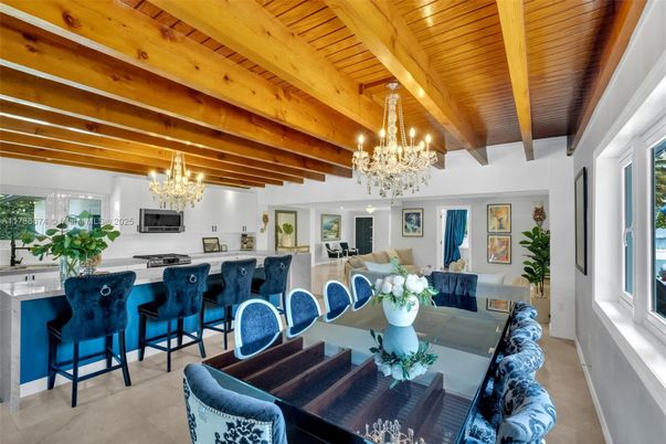 Chandelier, Dining room, Interior, Kitchen, Living room, Stainless Steel Appliances, Wooden Beams, Wooden Ceilings