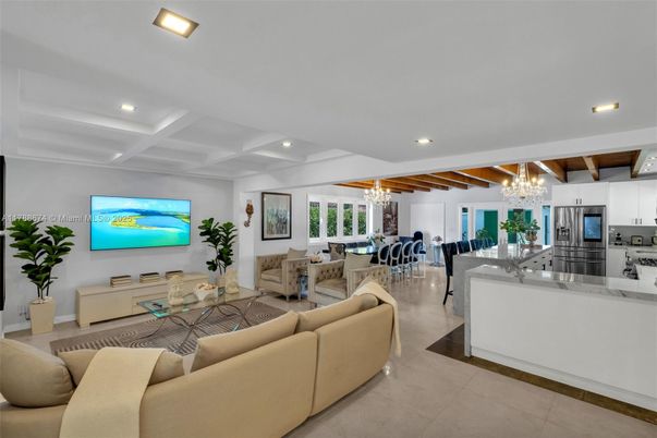 Chandelier, Dining room, Interior, Kitchen, Living room, Recessed Lighting, Stainless Steel Appliances, Wooden Beams