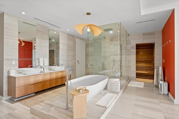 Bathroom, Dual Sink Vanities, Free Standing Baths, Glass Shower, Interior, Pendant Lights, Recessed Lighting