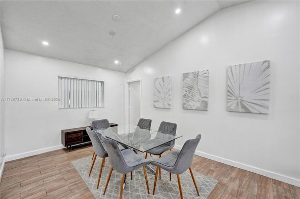 Dining room, Interior, Recessed Lighting, Wood Texture Flooring