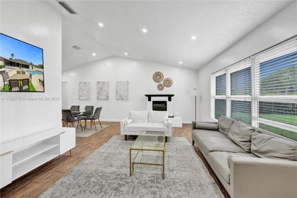 Dining room, Interior, Living room, Recessed Lighting, Wood Texture Flooring