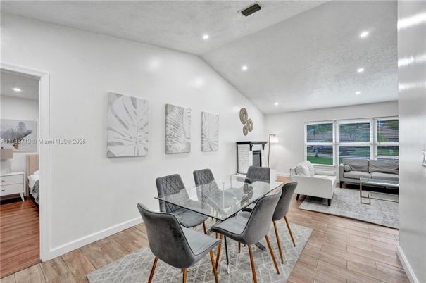 Dining room, Interior, Living room, Recessed Lighting, Wood Texture Flooring