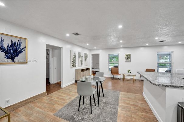 Dining room, Interior, Recessed Lighting, Wood Texture Flooring