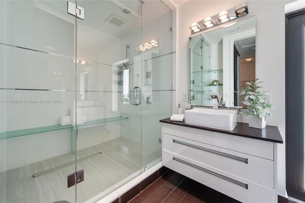 Bathroom, Glass Shower, Interior, Wood Texture Flooring
