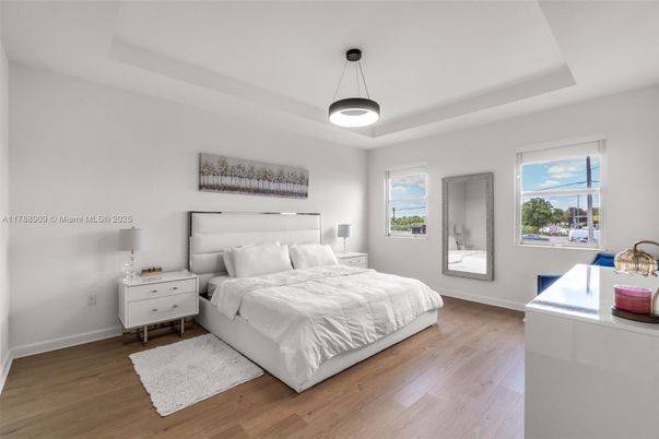 Bedroom, Interior, Pendant Lights, Wood Texture Flooring