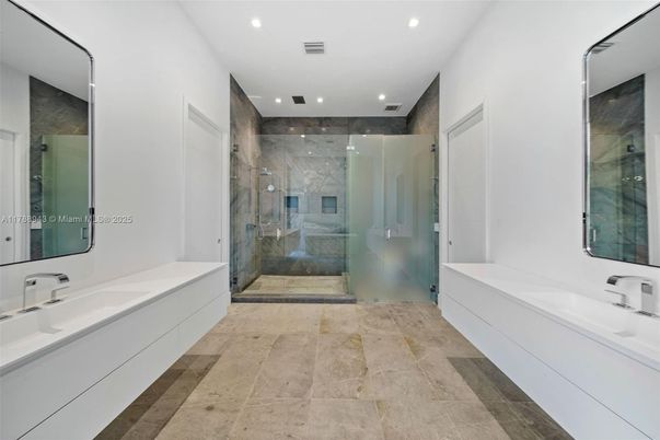 Bathroom, Dual Sink Vanities, Glass Shower, Interior, Recessed Lighting