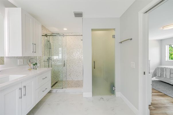 Bathroom, Bedroom, Glass Shower, Interior, Marble, Marble Walls, Recessed Lighting