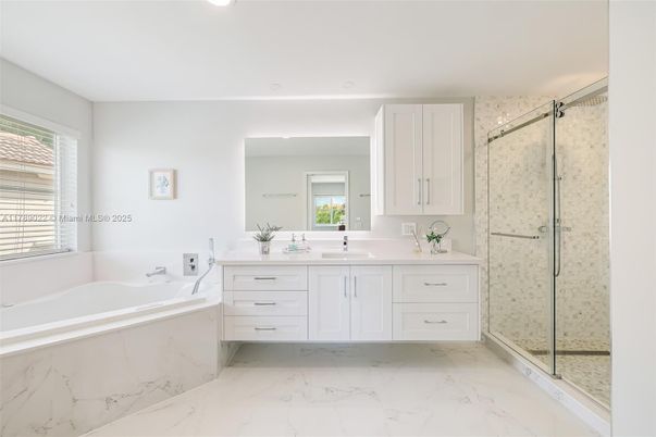 Bathroom, Dual Sink Vanities, Glass Shower, Interior, Marble, Recessed Lighting