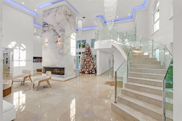 Fireplace, Interior, Marble Walls, Recessed Lighting