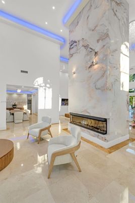 Fireplace, Interior, Marble Walls, Recessed Lighting