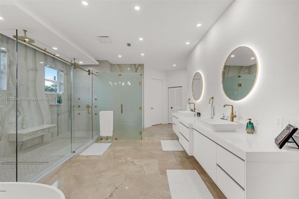 Bathroom, Dual Sink Vanities, Glass Shower, Interior, Recessed Lighting