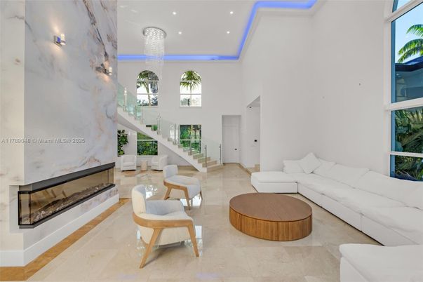Chandelier, Fireplace, Interior, Living room, Marble Walls, Recessed Lighting