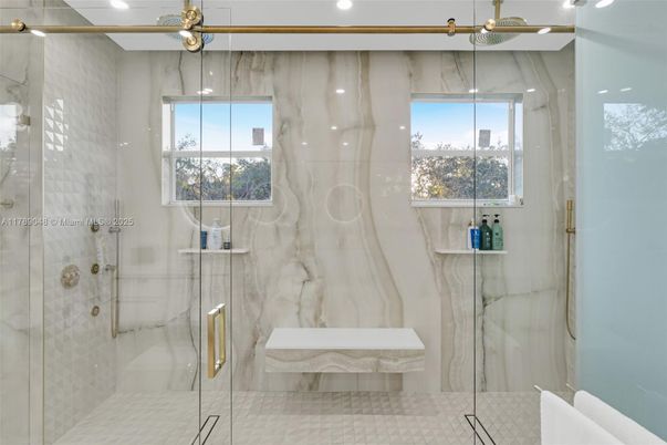 Bathroom, Glass Shower, Interior, Marble Walls, Recessed Lighting