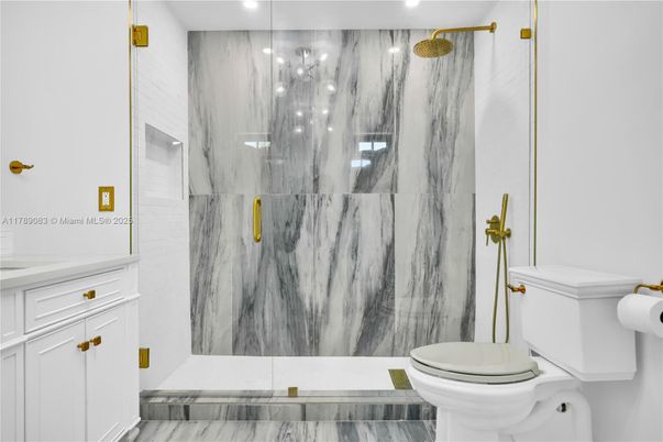 Bathroom, Glass Shower, Interior, Marble, Marble Walls, Recessed Lighting