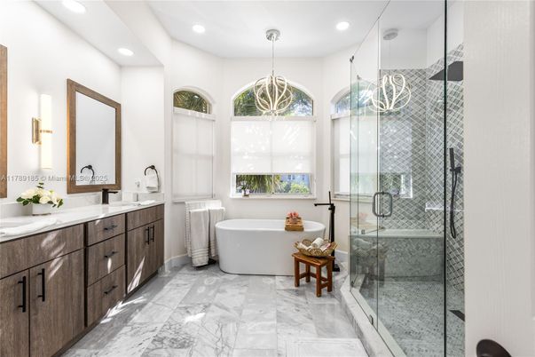 Bathroom, Dual Sink Vanities, Free Standing Baths, Glass Shower, Interior, Marble, Pendant Lights, Recessed Lighting