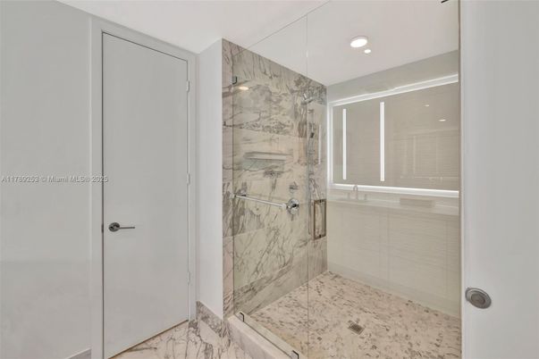 Bathroom, Glass Shower, Interior, Marble, Marble Walls, Recessed Lighting