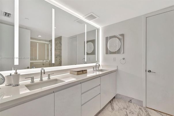 Bathroom, Dual Sink Vanities, Glass Shower, Interior, Marble, Recessed Lighting