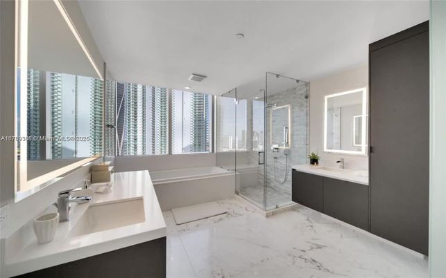 Bathroom, Dual Sink Vanities, Glass Shower, Interior, Marble, Recessed Lighting