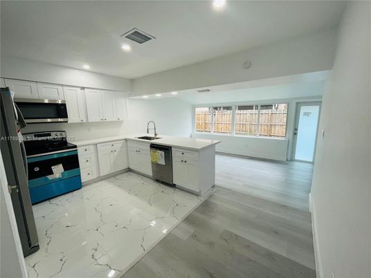 Interior, Kitchen, Marble, Recessed Lighting, Wood Texture Flooring