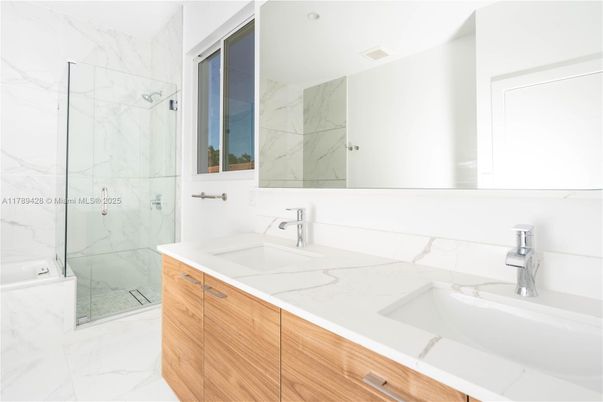 Bathroom, Dual Sink Vanities, Glass Shower, Interior, Marble, Marble Walls