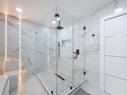 Bathroom, Glass Shower, Interior, Marble Walls, Recessed Lighting
