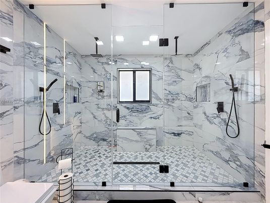 Bathroom, Glass Shower, Interior, Marble Walls, Recessed Lighting