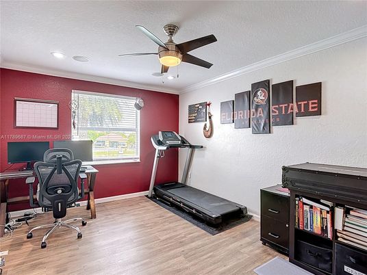 Fitness Equipment, Home Office, Interior, Recessed Lighting, Wood Texture Flooring