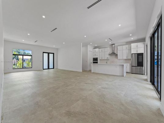 Empty room, Interior, Kitchen, Recessed Lighting, Stainless Steel Appliances