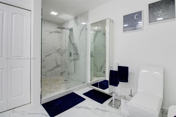 Bathroom, Glass Shower, Interior, Marble, Marble Walls, Recessed Lighting