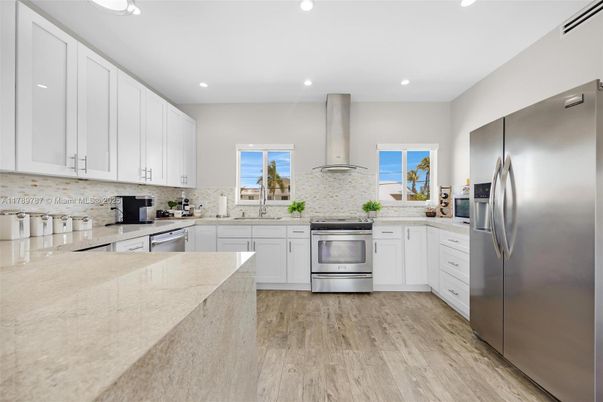 Interior, Kitchen, Recessed Lighting, Stainless Steel Appliances, Wood Texture Flooring