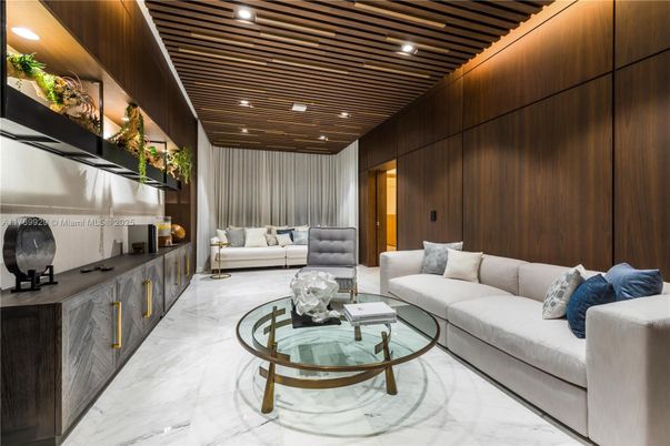 Interior, Living room, Marble, Recessed Lighting, Wooden Ceilings, Wooden Walls