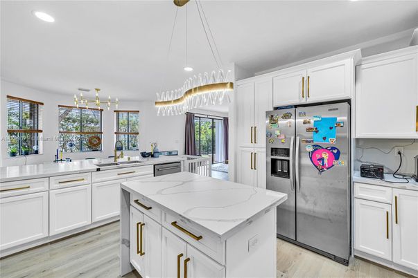 Interior, Kitchen, Pendant Lights, Recessed Lighting, Stainless Steel Appliances, Wood Texture Flooring