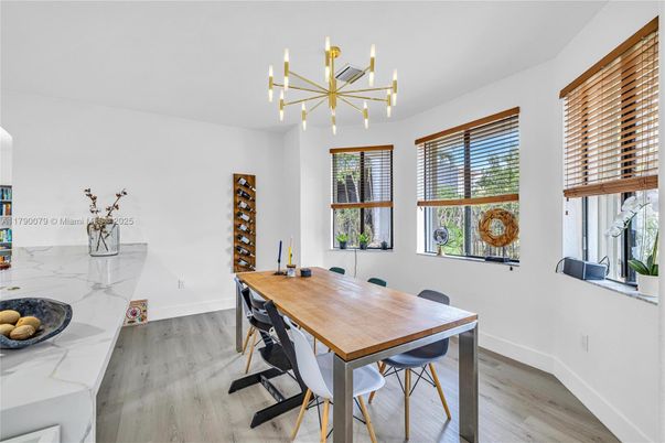 Dining room, Interior, Pendant Lights, Wood Texture Flooring
