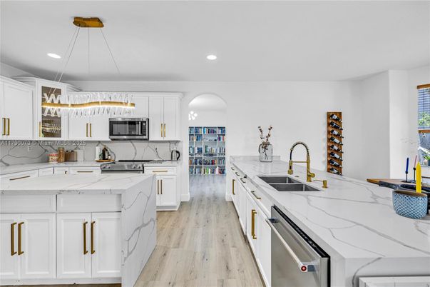 Interior, Kitchen, Pendant Lights, Recessed Lighting, Stainless Steel Appliances, Wood Texture Flooring