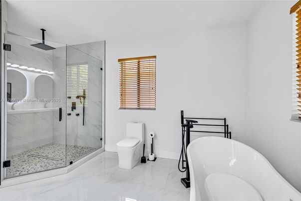Bathroom, Free Standing Baths, Glass Shower, Interior, Marble, Marble Walls