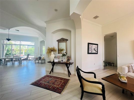 Dining room, Interior, Living room, Recessed Lighting, Wood Texture Flooring