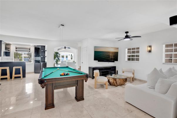 Billiard Table, Fireplace, Game Room, Interior, Living room, Pendant Lights