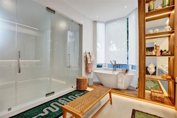 Bathroom, Free Standing Baths, Glass Shower, Interior, Recessed Lighting, Wood Texture Flooring